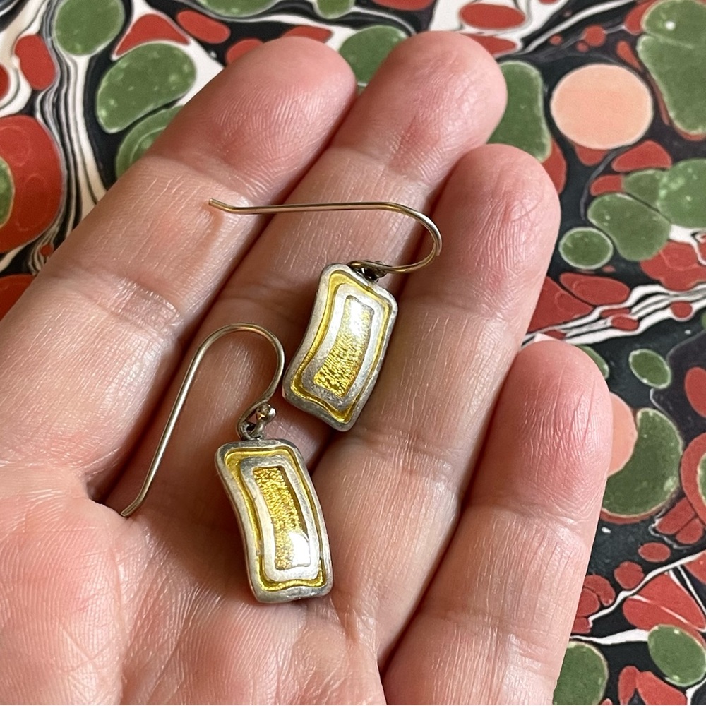 Vintage stamped 925 sterling silver & dandelion yellow enamel dangle earrings